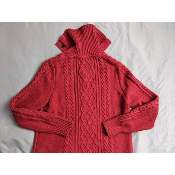 L.L. Bean Sweater Red Cable Knit Fisherman Button Up Turtleneck Womens Size L - Picture 5 of 12